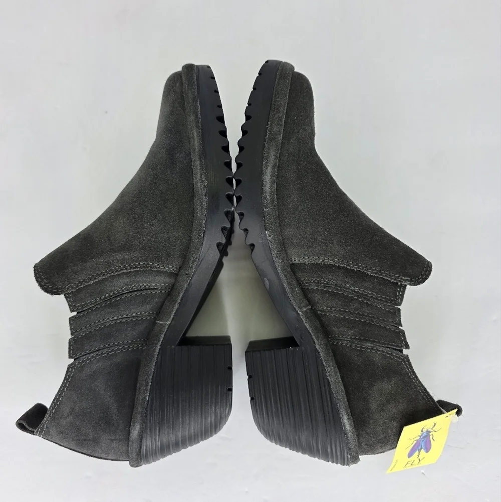 Fly London Wate Girl's Low Ankle Slip-On Booties Gray Suede Block Heel Size 13